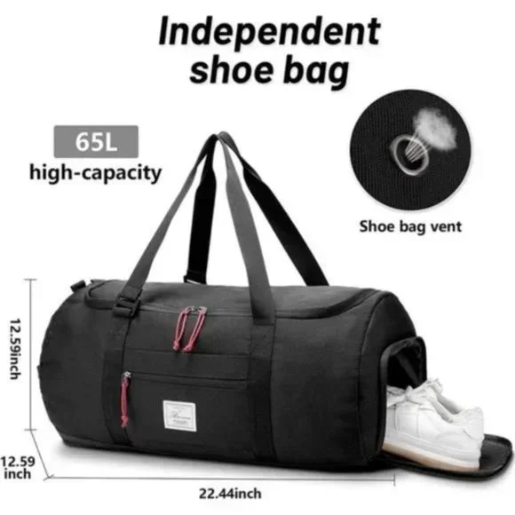 New Waterproof Weekend Overnight Bag Black Duffle Gym Bag Carryon